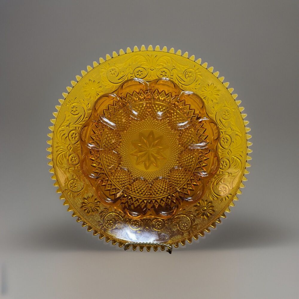 VTG Indiana Glass Tiara Golden Amber Egg Plate 12in Daisy Grandma Cottage Retro